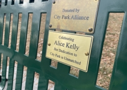 Park bench with plaque