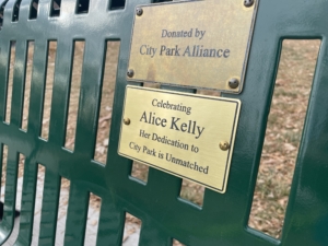 Park bench with plaque